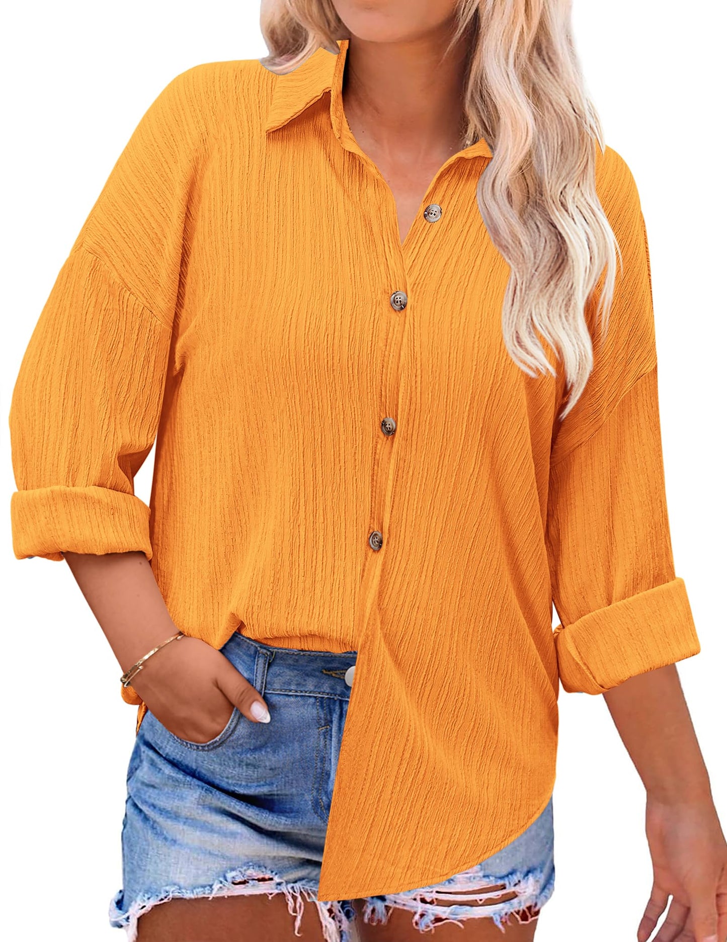 INVOLAND Womens Plus Sie Casual Button Down Shirts V Neck Long Sleeve Collared Office Work Blouses Tops Yellow 18w