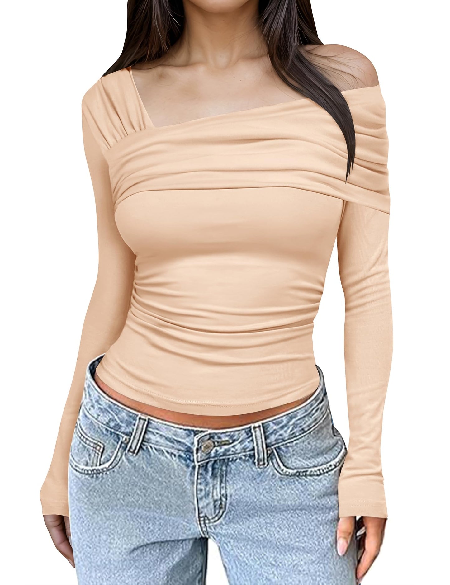 Rapbin Womens One Off Shoulder Long Sleeve Top Ruched Y2K Slim Fit Shirts Going Out Tops Apricot XSmall