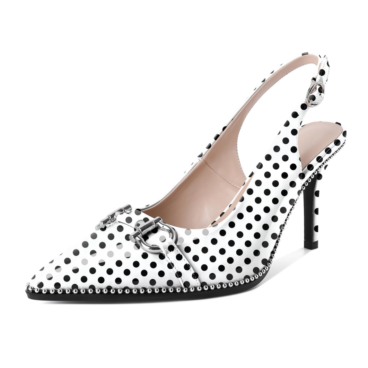 Soireelady Womens Beaded Pumps High Heel Pointed Toe Slingback Heel Slip On Stilettos Ankle Strap Adjustable Buckle 3.5 Inch Dress Shoes Patent Leather Polka Dot US Size 7