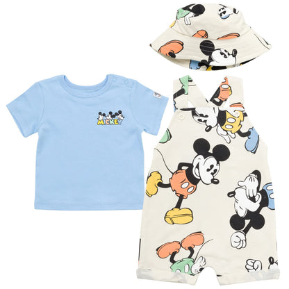 Disney Mickey Mouse Newborn Baby Boys Short Overalls T-Shirt and Hat 3 Piece Outfit Set Khaki/Blue 3-6 Months