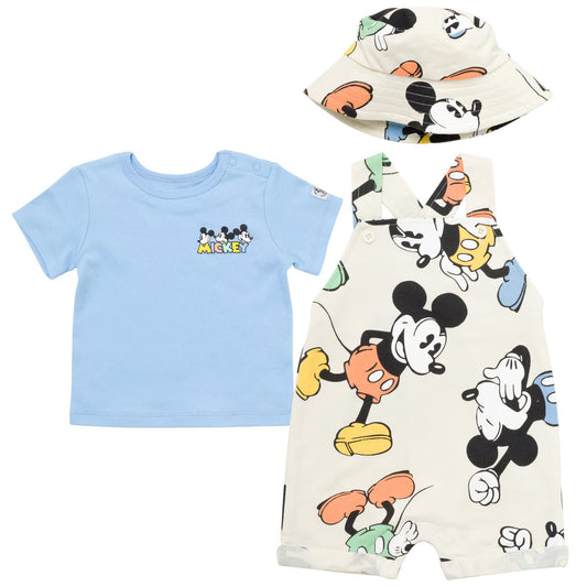Disney Mickey Mouse Newborn Baby Boys Short Overalls T-Shirt and Hat 3 Piece Outfit Set Khaki/Blue 3-6 Months