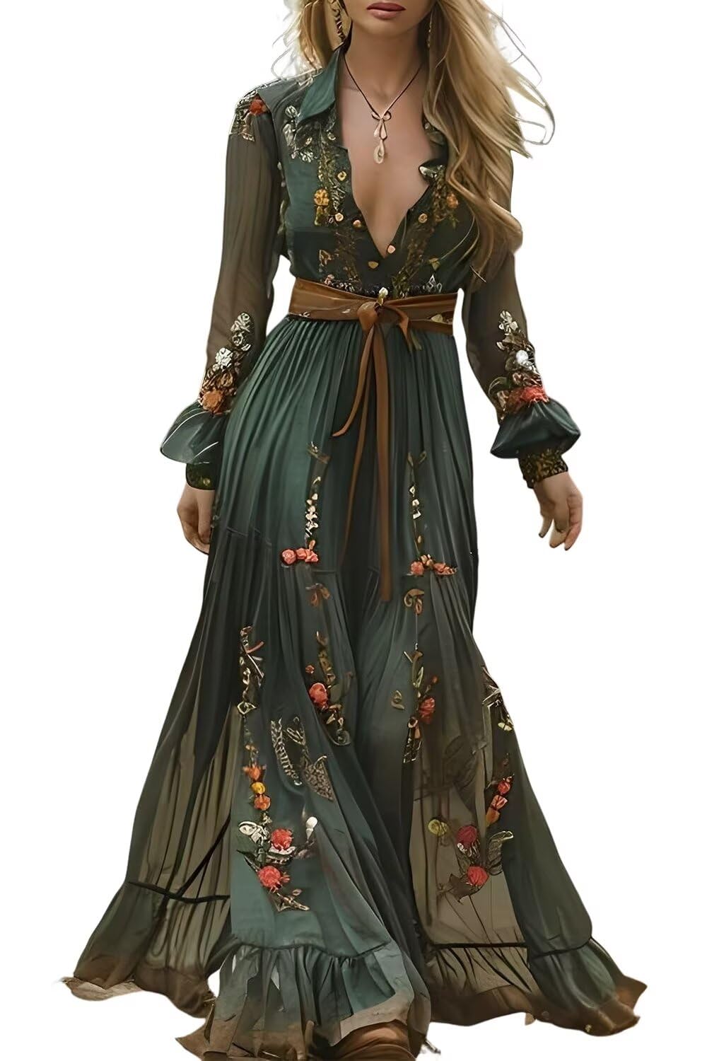 EEMEII Womens Long Sleeve Boho Dress 2024 Spring Cotton Maxi Dress Wedding Guest Casual Long Dress Fall Dress Elegant Dress Green