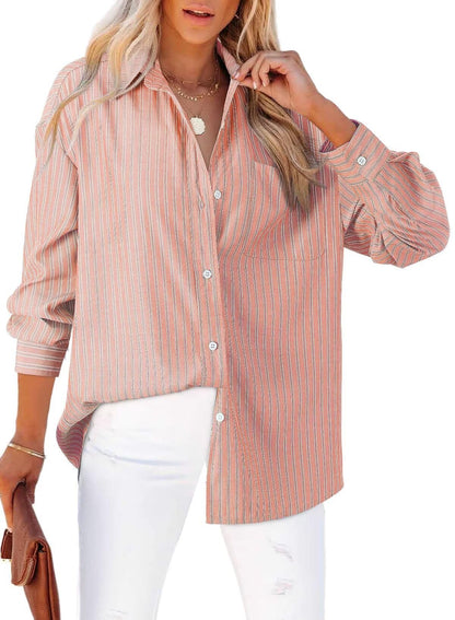 Astylish Womens Fashion Button Down Shirts Classic V Neck Flattering Striped Long Sleeve Tops Collared Office Work Blouses Khaki Large