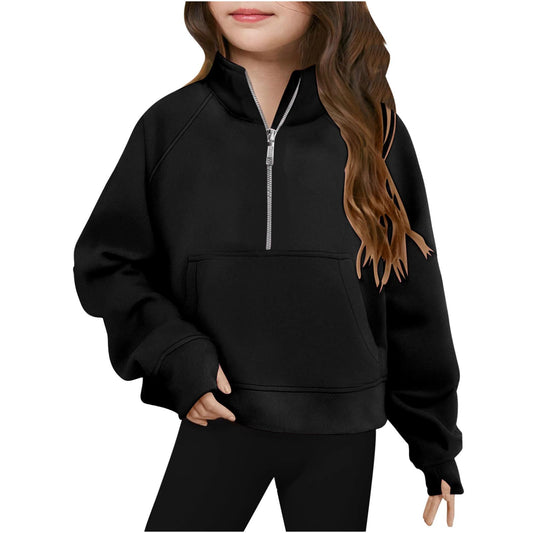 free people dupe for girls girls hoodies cute sweatshirts for teen girls clothes for girls 10-12 Half Zip Sweatshirt for Girls Long Sleeve Pullover Lightweight Fleece Spring Fall Thumb Hole A01_Black