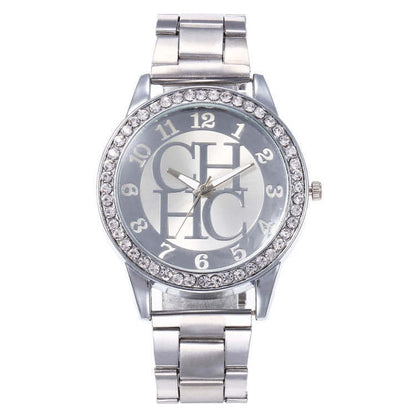 Diamond-Studded Quartz Watch with Steel Bracelet