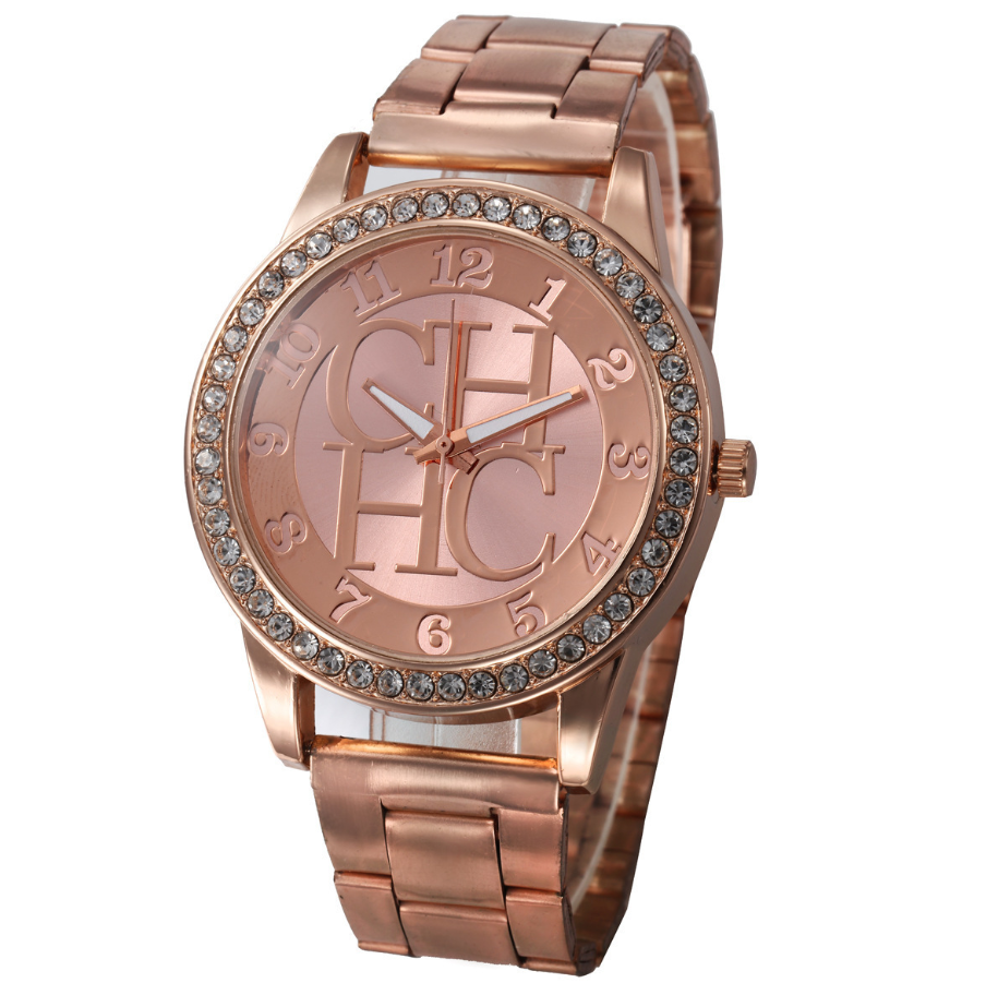 Diamond-Studded Quartz Watch with Steel Bracelet