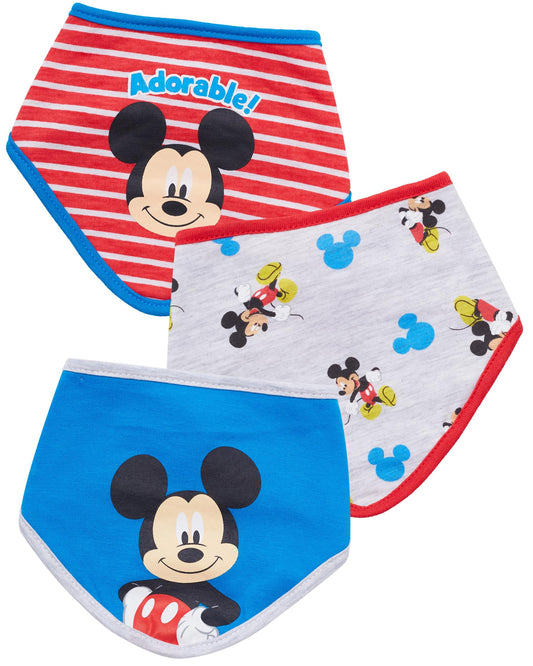 Disney Baby Unisex Mickey Mouse Bandana Bib 3-Pack - Mickey Mouse Baby Bibs (Blue/Red/Grey 0-12M)