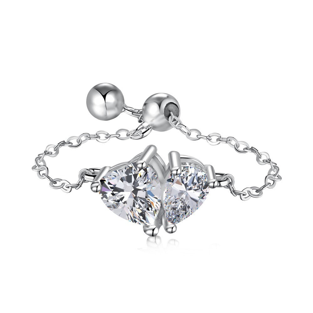 S925 Silver Adjustable Chain Ring with Zircon Stone