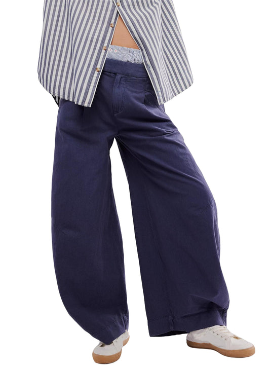 LifeShe Womens Wide Leg Baggy Pants High Rise Barrel Pant Loose Boyfriend Trousers with Pockets A-Dark Blue