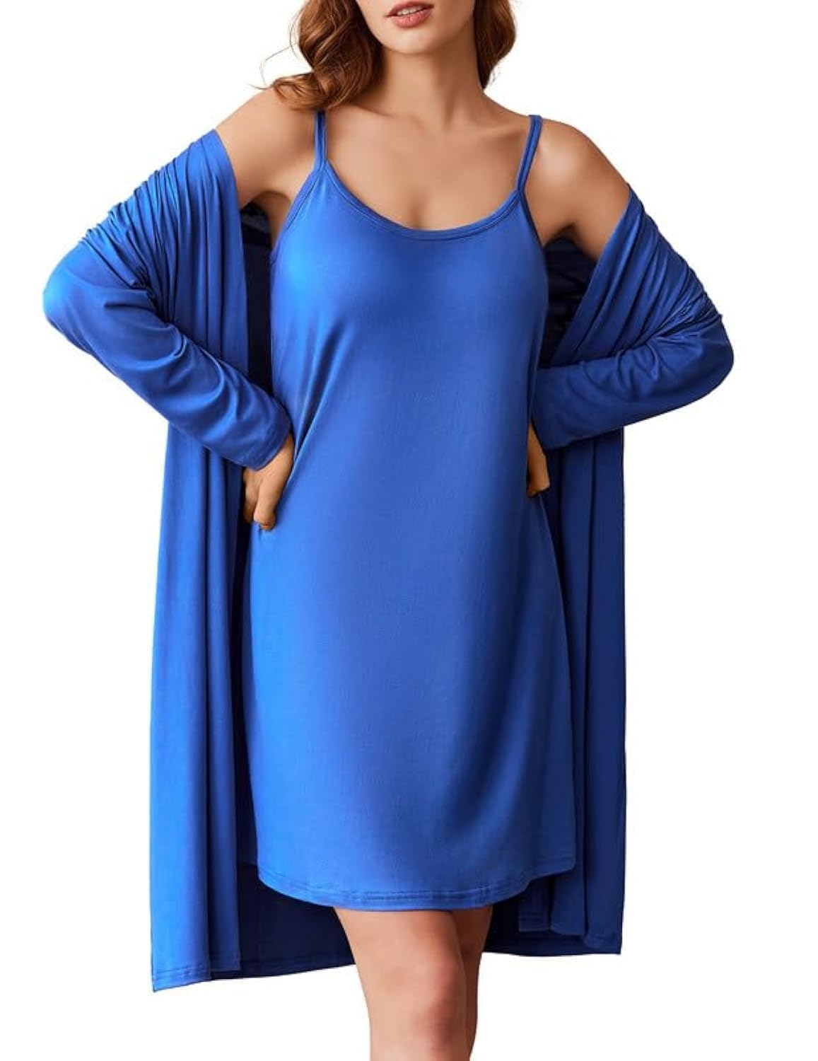 Ekouaer Robe Sets for Women 2 Pieces Nightgown Long Sleeves Bathrobe Soft Sleepwear 2024 Royal Blue XLarge