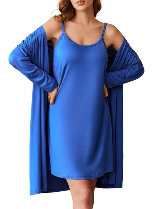 Ekouaer Robe Sets for Women 2 Pieces Nightgown Long Sleeves Bathrobe Soft Sleepwear 2024 Royal Blue XLarge