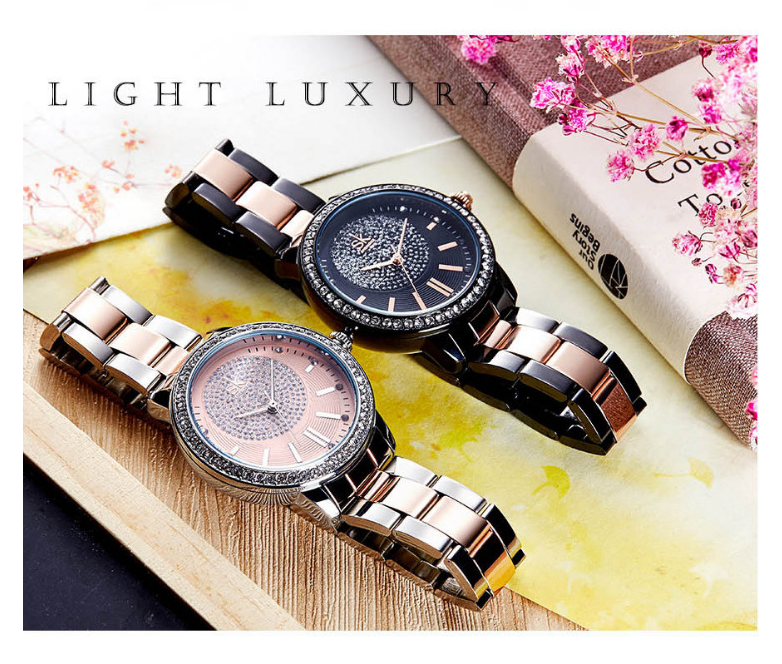Women's Quartz Watch with Diamond-Studded Steel Band