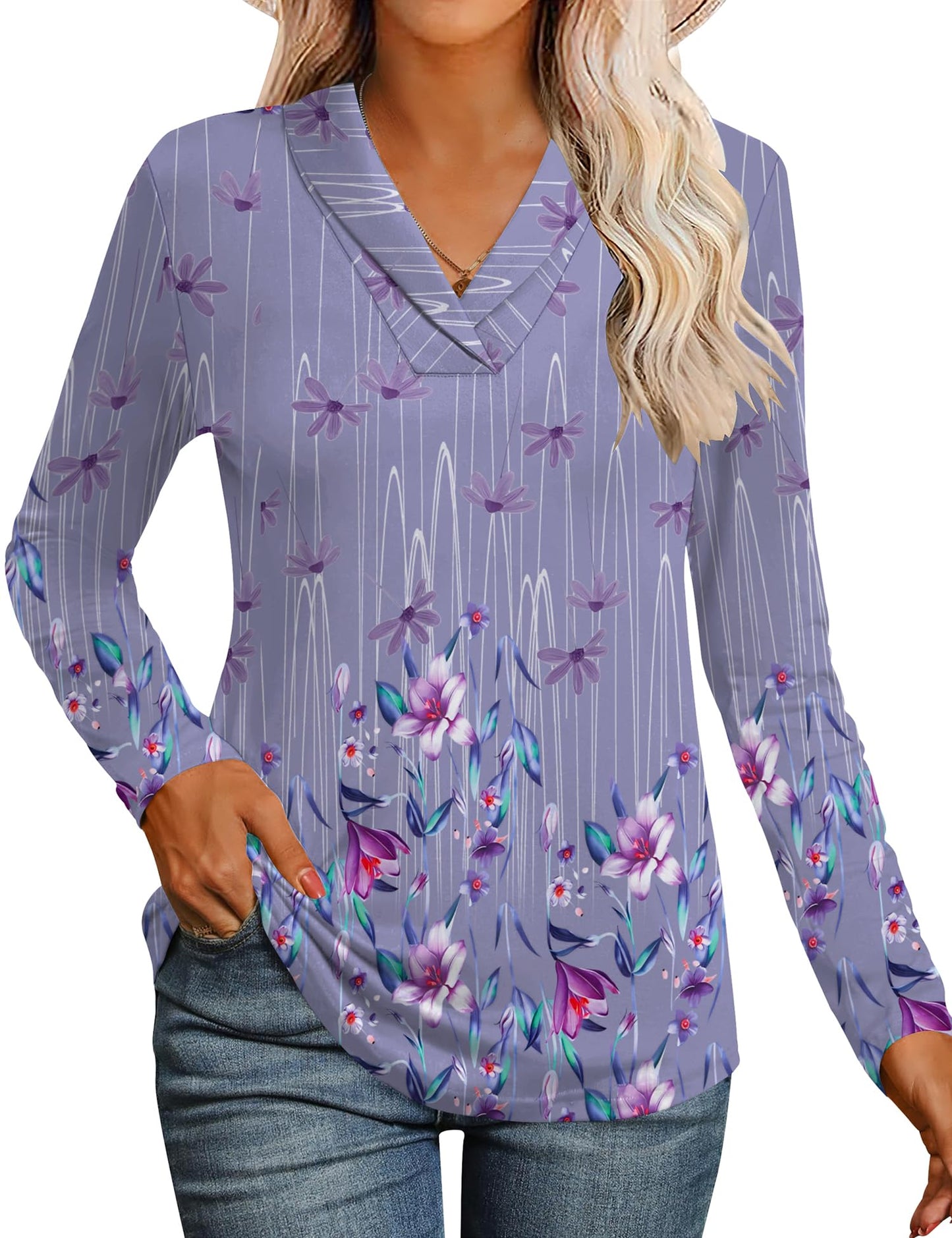 Micoson Ladies Tops and Blouses V Neck Lapel Classy Blouses Business Casual Long Sleeve Shirts for Women Cute Cowl Neck Tops Purple Floral XL