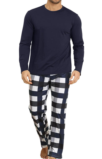 KUYIGO 2 Piece Pajamas Set for Men Plaid Sleepwear Loungewear Sets Relaxed Fit Nightwear PJ Sets Navy S