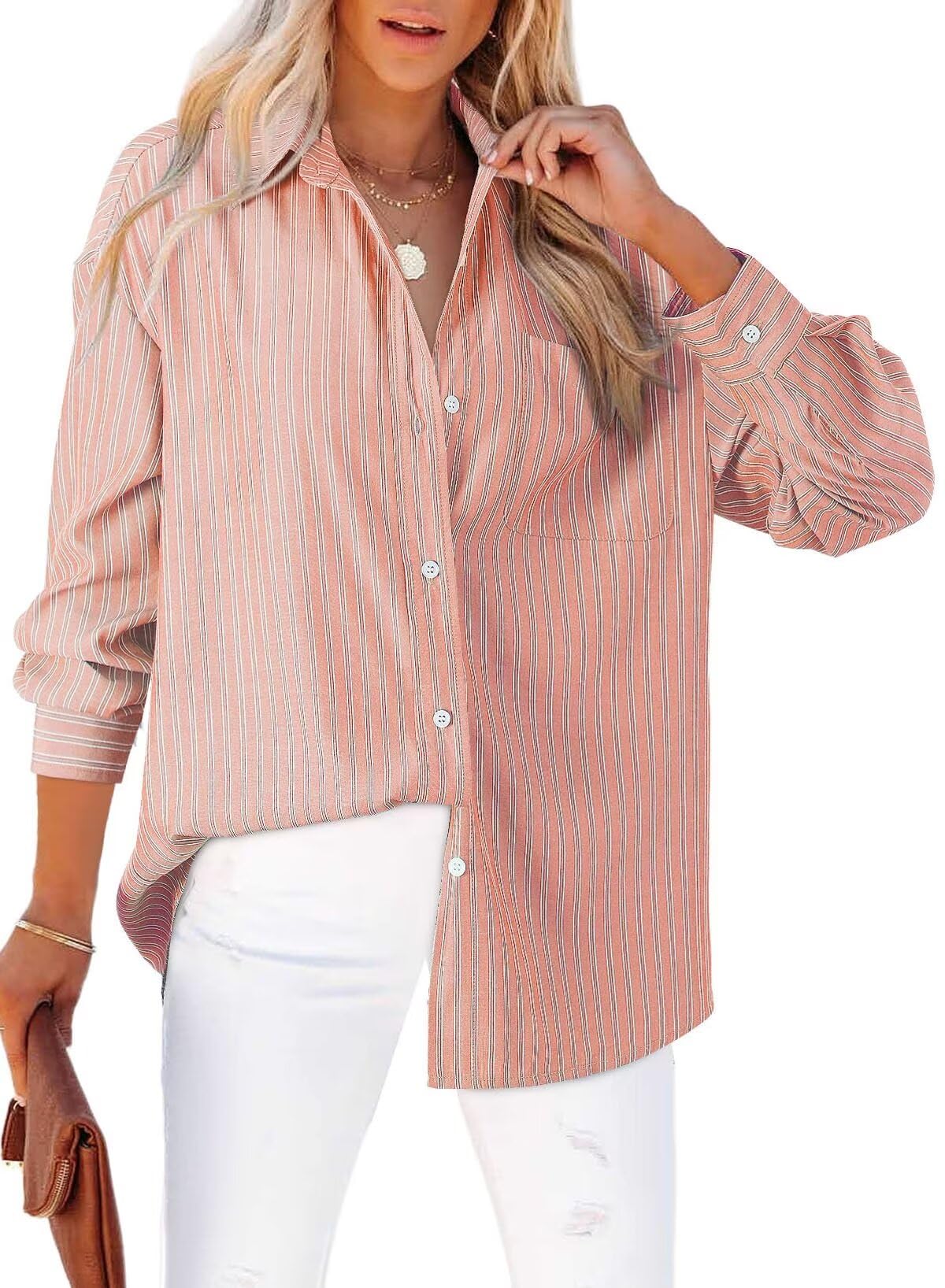 Astylish Womens Fashion Button Down Shirts Classic V Neck Flattering Striped Long Sleeve Tops Collared Office Work Blouses Khaki Large
