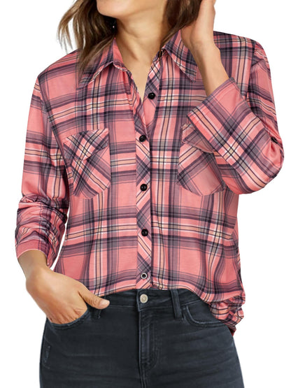 Ninedaily Shirts for Women Dressy Casual Thanksgiving Outfits for Women Trendy Tops Button-Down Ladies Tops and Blouses Office Attire Business Professional Plaid Collared Blouses Pink Size XL