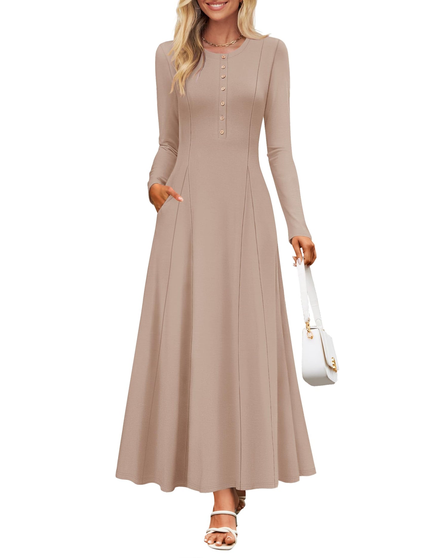 ZESICA Womens Elegant Maxi Dresses 2025 Spring Long Sleeve Button Casual A Line Boho Flowy Dress with PocketsKhakiXL