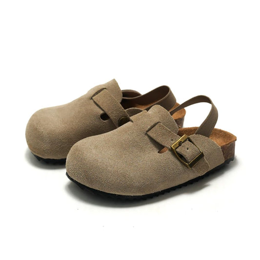 East Bajia Suede Clogs for Girls and Boys Toddler Slippers Slip-on Kids Shoes Indoor Outdoor Cute Sandals Classic Cork Adjustable Buckle(7-7.5 ToddlerApricot)
