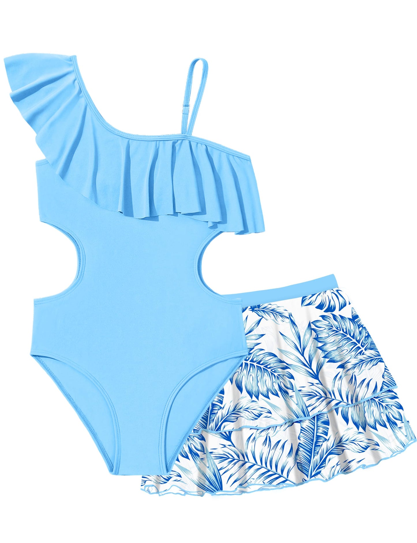 Doumlop Girls Swimsuit Size 10 Ruffle Girls One Piece Swimsuits Size 9 Girls Bathing Suit with Tropical Mesh Skirt Girls Swimwear Blue