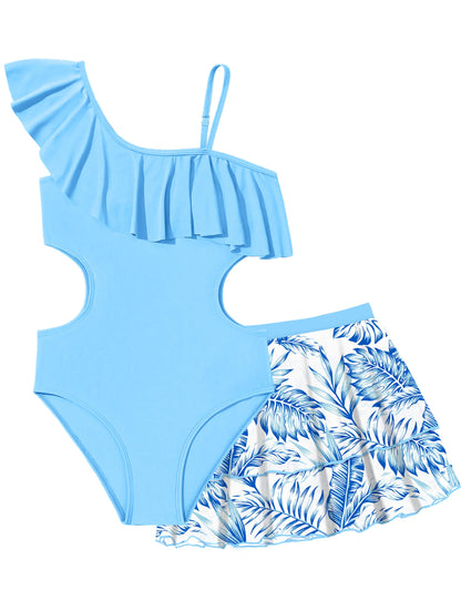 Doumlop Girls Swimsuit Size 10 Ruffle Girls One Piece Swimsuits Size 9 Girls Bathing Suit with Tropical Mesh Skirt Girls Swimwear Blue