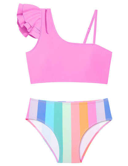 Doumlop Girls Bathing Suit Size 9 10Swimsuit for Girls Two Peice Girls Bikini Adjustable Straps Girls Swimwear Light Pink Colorful Striped Girl Bathing Suits