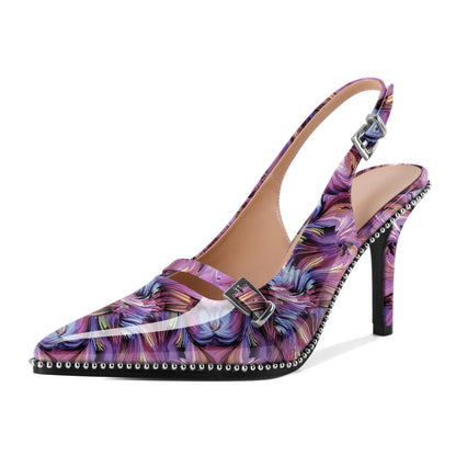 SAMMITOP Womens Beaded Slingback Pumps High Stilettos Heels Closed Pointed Toe Ankle Strap Patent Fashion Dress Shoes 3.5 Inch Floral Purple US Size 10