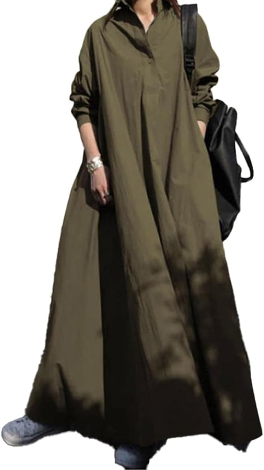 LOAIHA Cotton Linen Shirt Maxi Dress for Women Casual Button Down Long Sleeve Plus Size Flowy A Line Fall Green Long Dresses