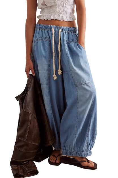 D-Sun Women Casual Loose Mid Rise Barrel Jeans Baggy Vintage Wide Leg Elastic Denim Pants Fashion Boyfriend Jeans Light Blue