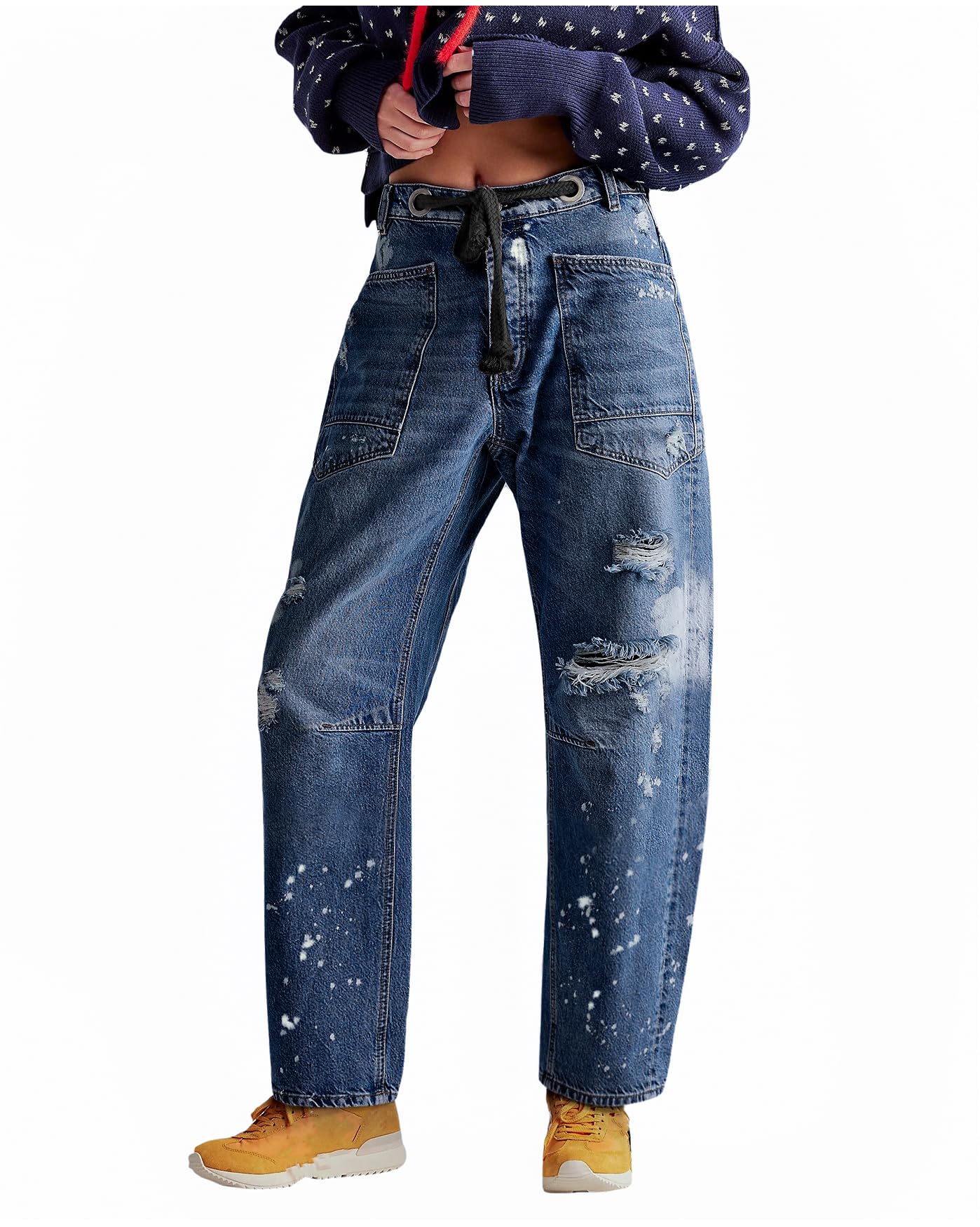 LifeShe Womens Baggy Barrel Jeans Casual Boyfriend Mid Rise Drawstring Wide Leg Denim Pants