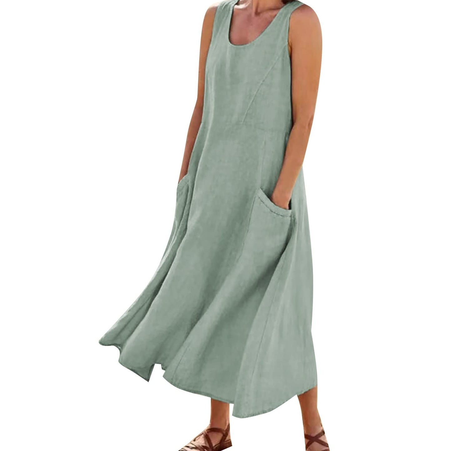 Maxi Long Dress 2024Womens Summer Plus Size Beach Cotton Linen Sleeveless Elegant Flowy Dress Dresses with Pockets
