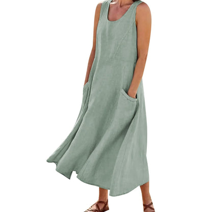 Maxi Long Dress 2024Womens Summer Plus Size Beach Cotton Linen Sleeveless Elegant Flowy Dress Dresses with Pockets