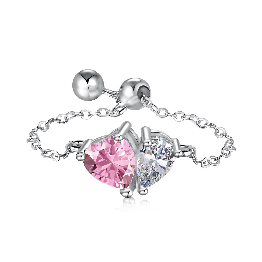 S925 Silver Adjustable Chain Ring with Zircon Stone