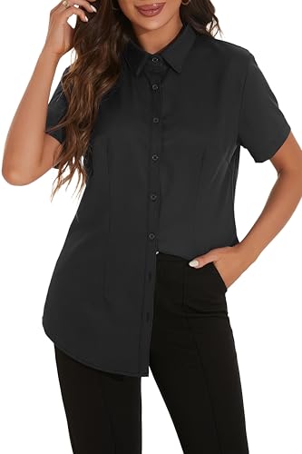 GUANYY Womens Blouses & Button-Down Shirts Wrinkle-Free Short Sleeve Classic Business Shirt for Work Office Black X-Large