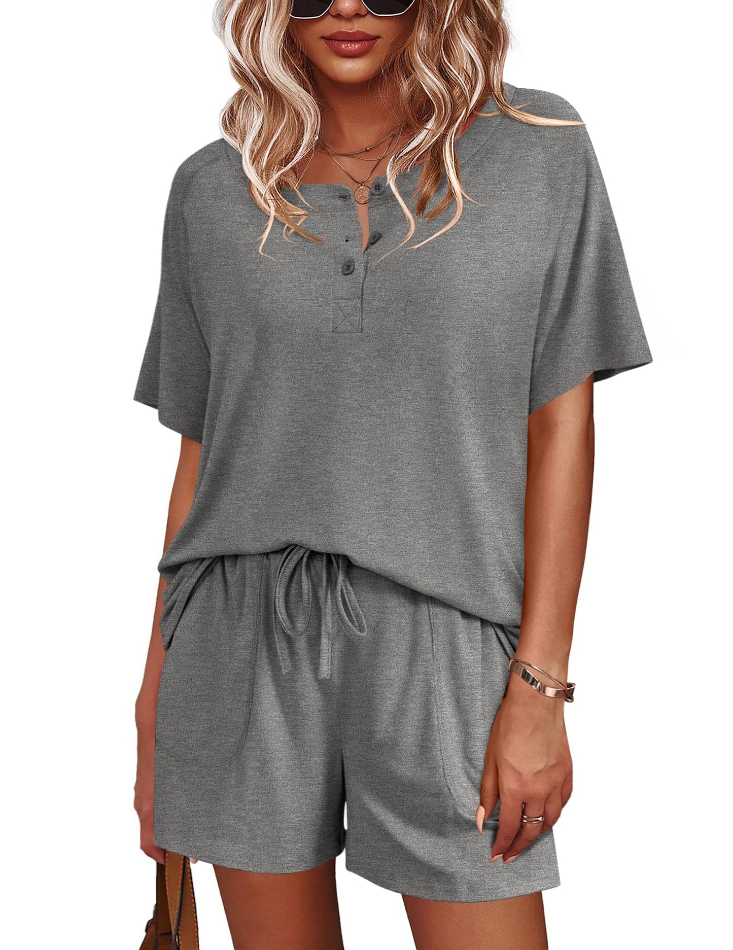 Ekouaer Womens Pajamas Set Short Sleeve Sleepwear 2 Piece Lounge Sets with Pockets Dark Gray XX-Large