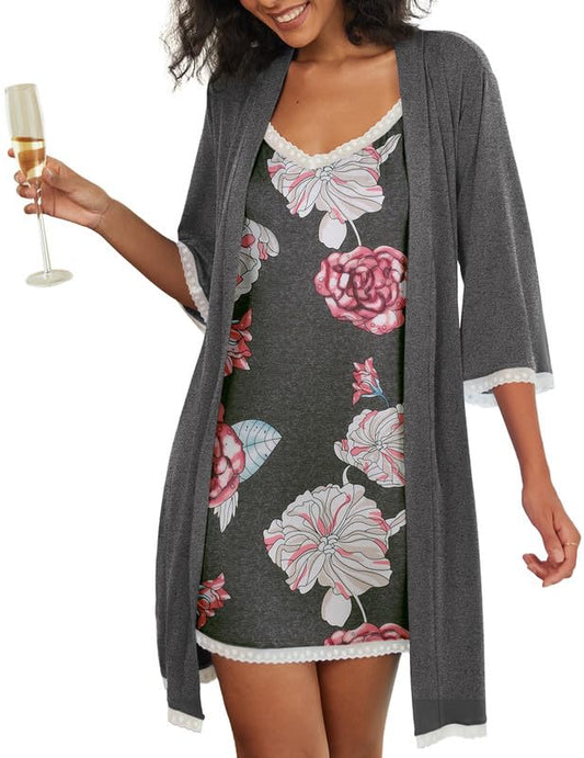 Ekouaer Womens Nightgown and Robe Set 3/4 Sleeves Robes 2 Piece Bathrobe Set V-neck Lace Cami Sleepwear with Pockets Dark Gray Pink Flower Medium