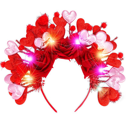 CLOACE Valentines Day Heart Headband Light Up Red Hearts Hair Band LED Flower Party Featival Hair Accessoires for Women and Girls (Red)