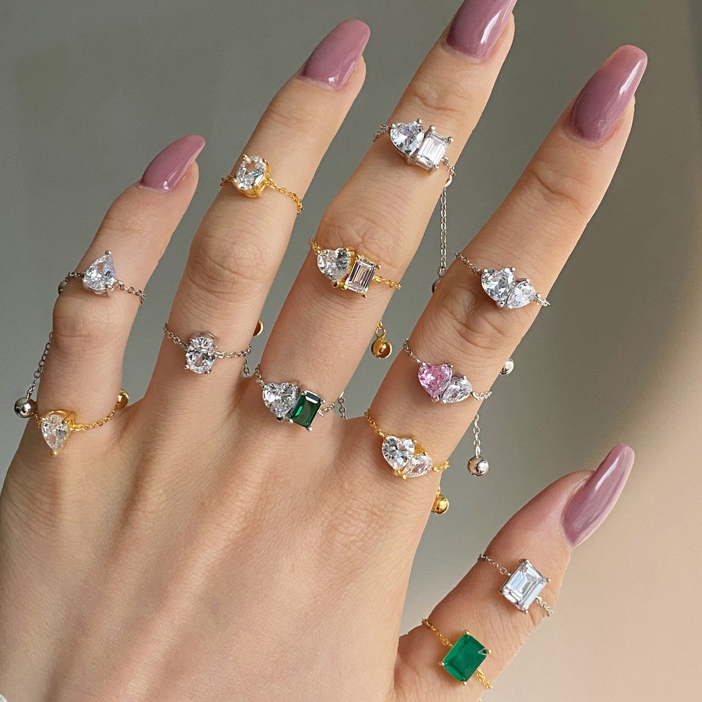 S925 Silver Adjustable Chain Ring with Zircon Stone