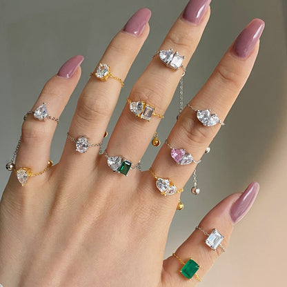 S925 Silver Adjustable Chain Ring with Zircon Stone