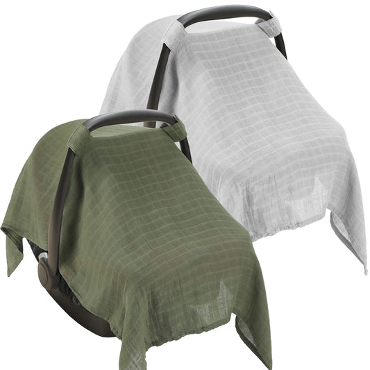 2 Pieces Muslin Carseat Cover Muslin Baby Car Seat Canopy Breathable Soft Car Seat Covers for Babies Boys Girls Infant Newborn (Grey Green)