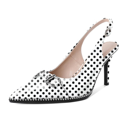 Soireelady Womens Beaded Pumps High Heel Pointed Toe Slingback Heel Slip On Stilettos Ankle Strap Adjustable Buckle 3.5 Inch Dress Shoes Patent Leather Polka Dot US Size 7