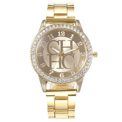 Diamond-Studded Quartz Watch with Steel Bracelet