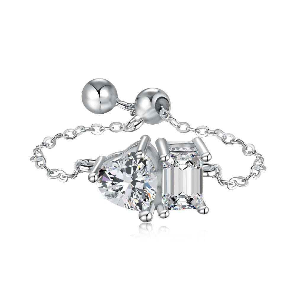 S925 Silver Adjustable Chain Ring with Zircon Stone