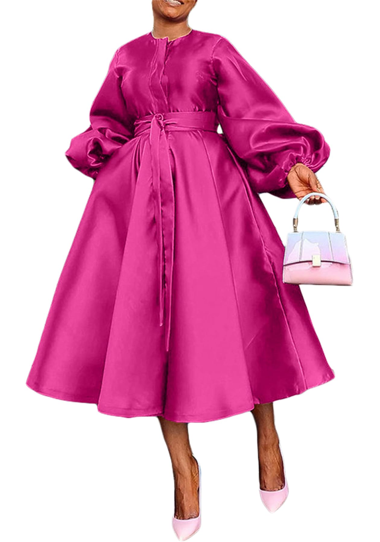 SHINFY Womens Satin Dress Fall Fashion Long Sleeve Belted Button A Line Long Dresses Flowy Maxi Dress Rose