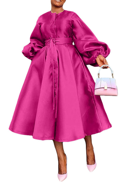 SHINFY Womens Satin Dress Fall Fashion Long Sleeve Belted Button A Line Long Dresses Flowy Maxi Dress Rose