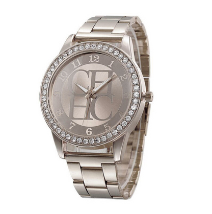 Diamond-Studded Quartz Watch with Steel Bracelet